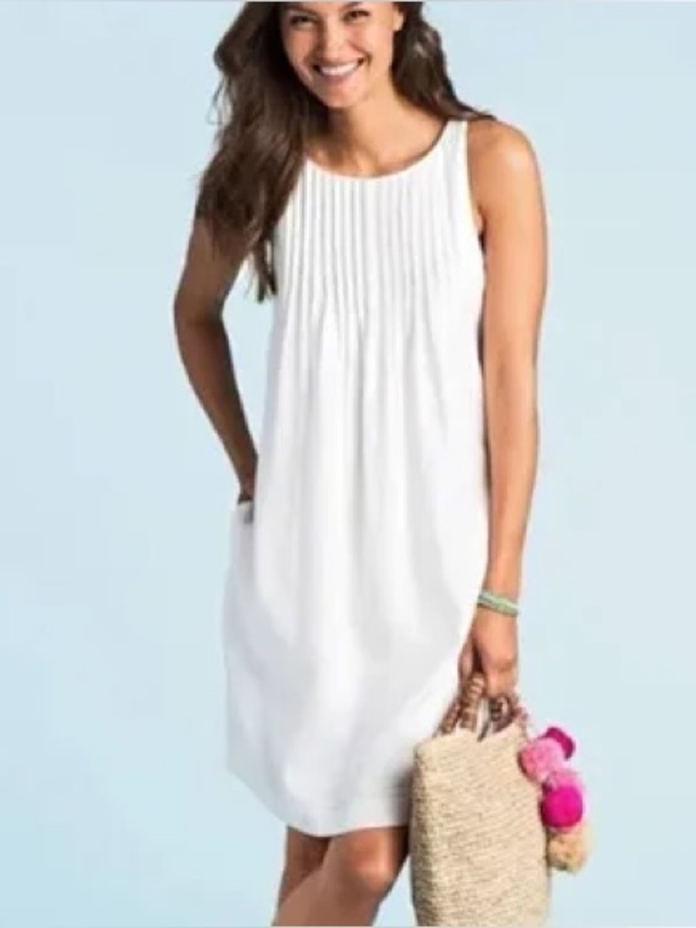 Vineyard Vines White Pleated Front Linen Sleeveless Dress